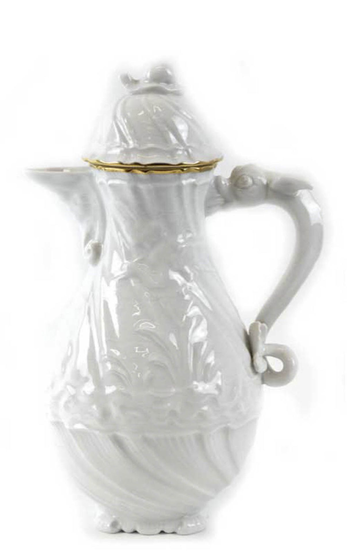 Meissen-Kaffeekanne, Schwanendessin, weiß mit Goldrand, 2. Wahl, H. 25 cm