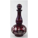 Karaffe, Egermann Glas, 20. Jh., Flaschenkürbisform, rubiniertes Klarglas, umlaufend geschli