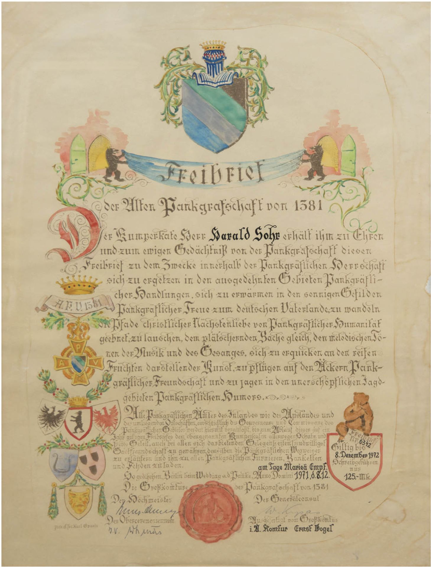 "Freibrief der Alten Pankgrafschaft von 1381", Litho ursprünglich von Karl Graetz Ende 19. J