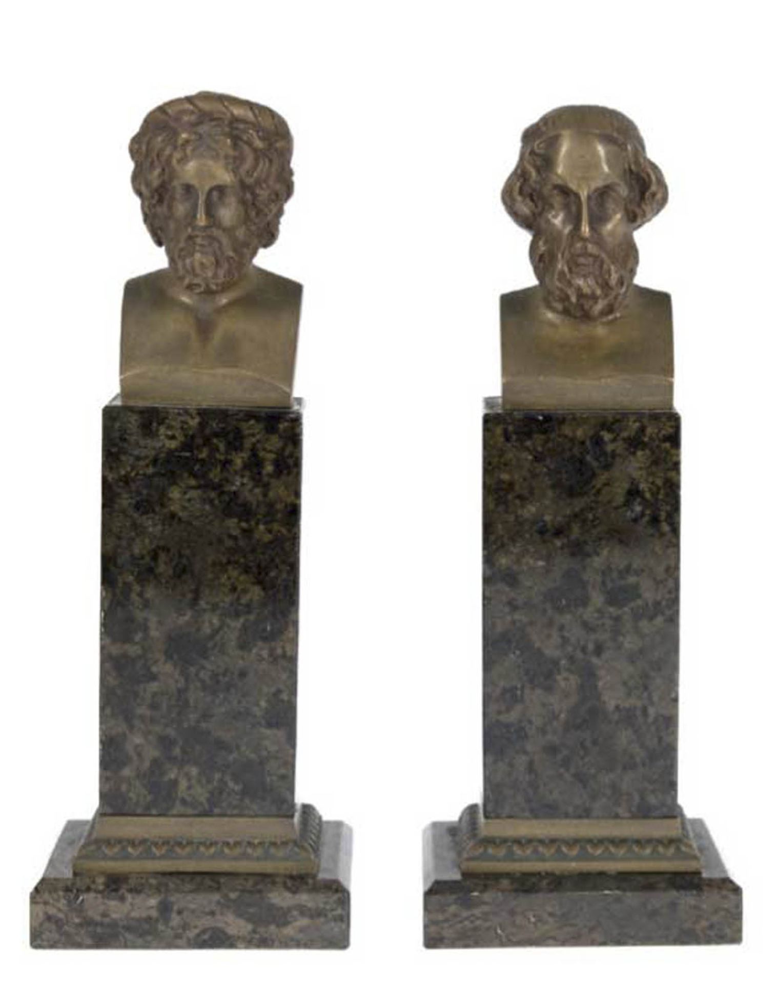 2 Büsten "Römer der Antike", Bronze, H. 6,5 cm, auf Marmorsockel, H. 11 cm