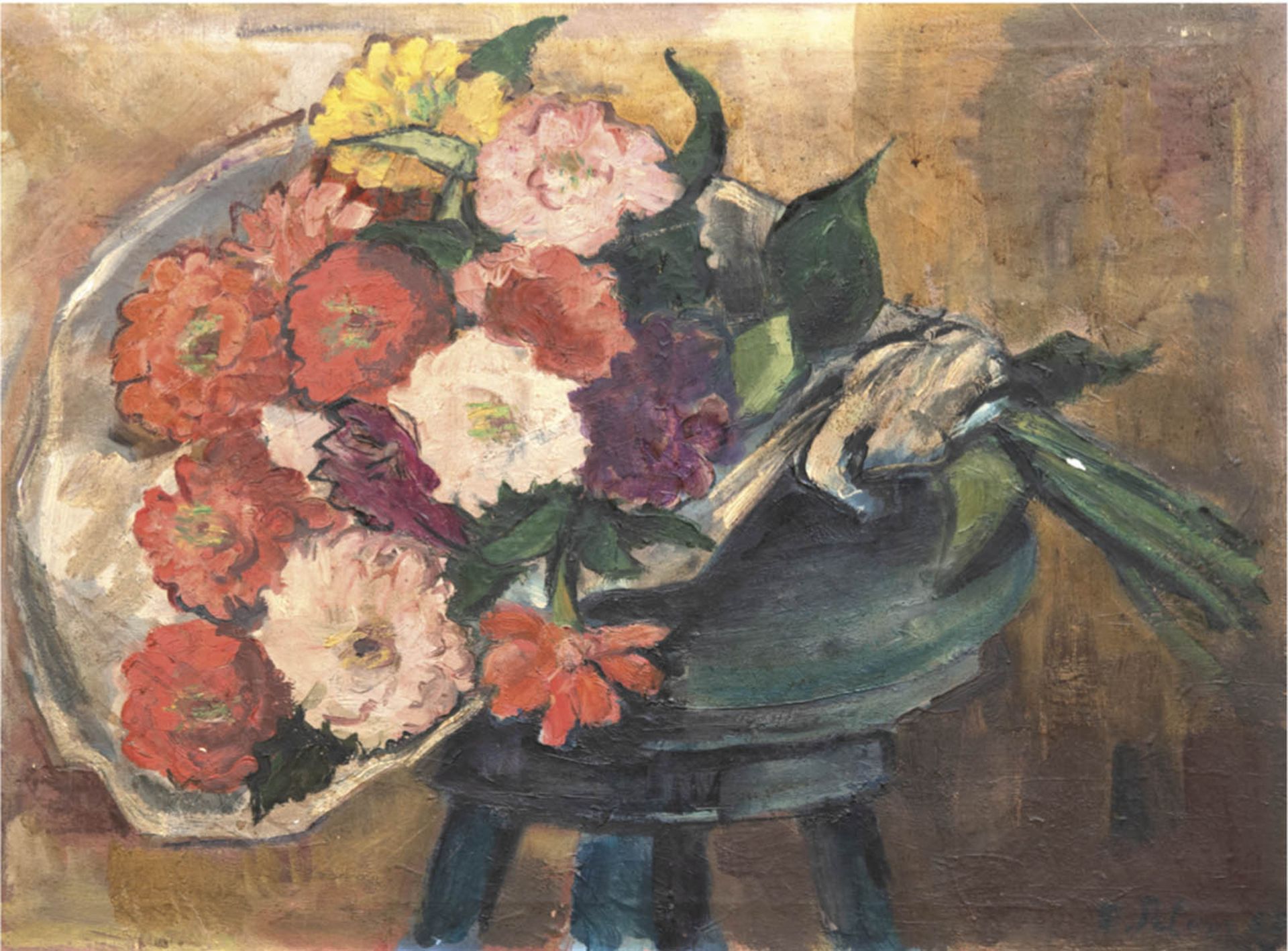 "Blumenstilleben", Öl/Lw., undeutl. sign. u.r., kl. Farbabplatzungen, 50x65 cm, ungerahmt