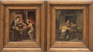 Paar Gemälde Genreszenen "Im Wirtshaus", Öl/Metall, 19. Jh., unsign., nach D. Teniers, je 1