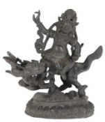 Bronze-Figurengruppe "Buddha auf Drachen sitzend, zu seinen Füßen eine Ratte", 2-teilig, br
