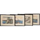 Hiroshige "4 Landschaftsansichten zwischen Meer und Bergen", Japanische Holzschnitte, sign.,