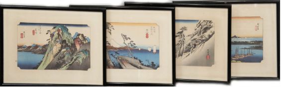 Hiroshige "4 Landschaftsansichten zwischen Meer und Bergen", Japanische Holzschnitte, sign.,