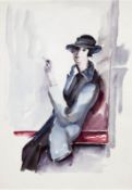 "Zigarette rauchende Dame", Aquarell/Papier, unsign., Knickfalte u.l., 49x34,5 cm, ungerahmt