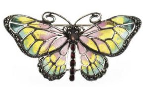 Brosche "Schmetterling", 925er AG, rhodiniert, gelb, rosa, grün und dunkelrot, transluzid em
