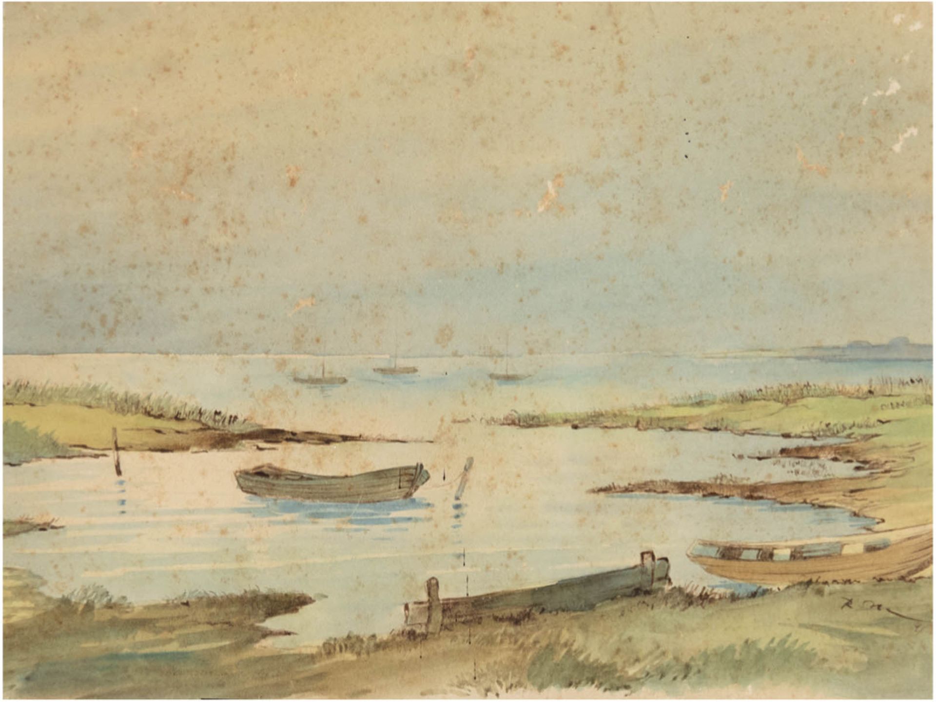 "Ruderboote am Ufer", Aquarell/Papier, undeutl. sign. u.r., leicht stockfleckig, 21,5x28,5 cm