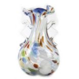 Murano-Vase, Balusterform, Klarglas mit farbigen Einschmelzungen, 2 seitl. Henkel, gewellter