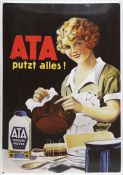 Reklameschild "Ata", Blech, polychrom emailliert, rückseitig Zertifikat der Henkel & Cie Gmb