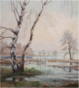 "Birken in winterlicher Landschaft am Gewässer", Öl/Hartfaser, unsign., 80x71 cm, Rahmen