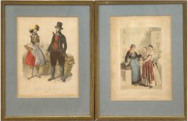 2 Modestiche um 1850, "Altenländerin Dienstmädchen" und "Landleute aus den Vierlanden", col