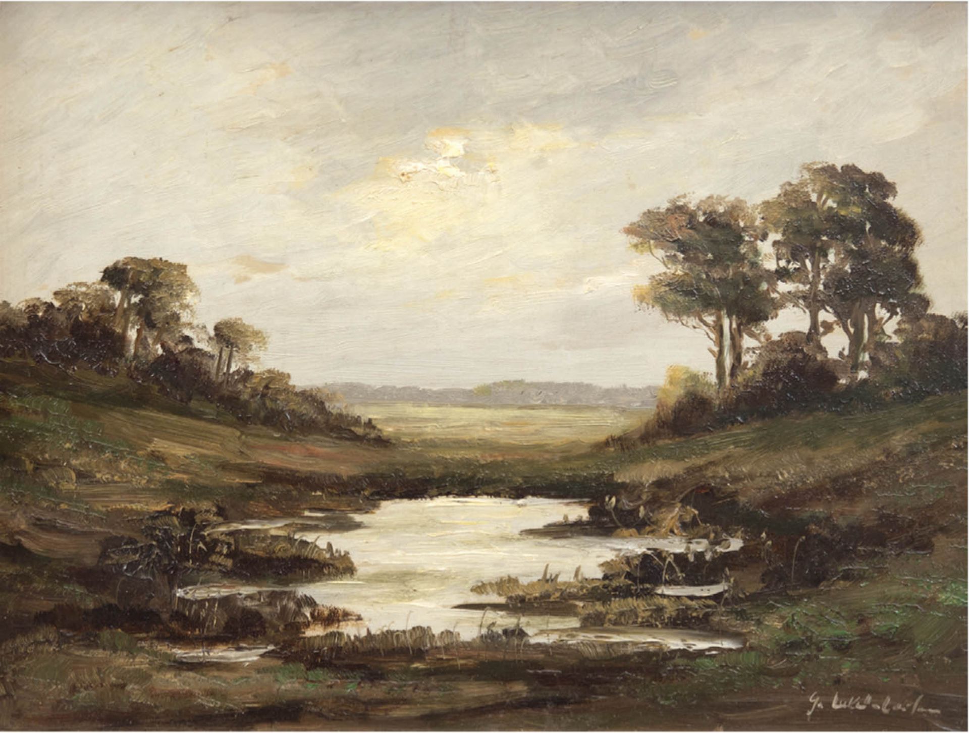 "Landschaft mit See", Öl/Hartfaser, undeutl. sign. u.r., 30,5x40 cm, Rahmen