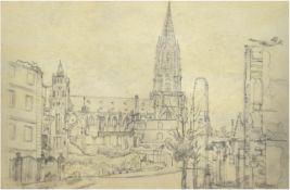 "Kirchenvorplatz", Zeichnung, undeutl. sign. u.r. und dat. '46, 26x36,5 cm, im Passepartout h