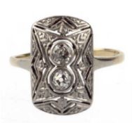 Art-Deco-Ring um 1920, Platin und 585er GG, 2 Brillanten zus. ca. 0,35 ct., RG 52, Innendurch