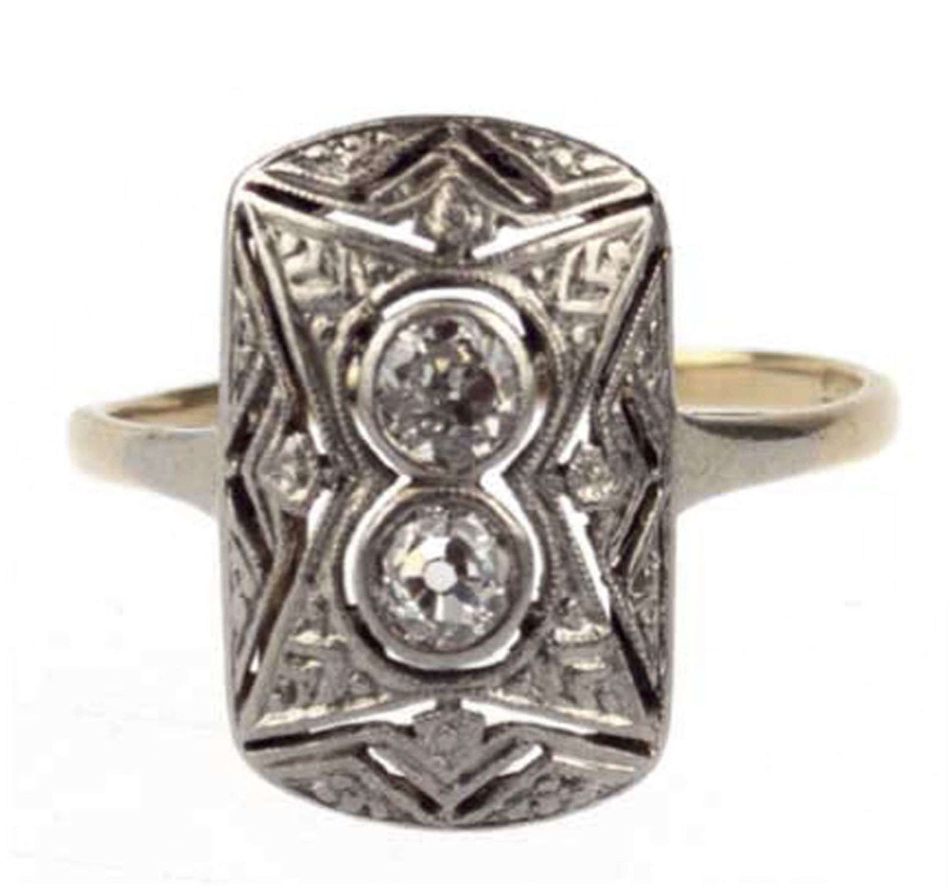 Art-Deco-Ring um 1920, Platin und 585er GG, 2 Brillanten zus. ca. 0,35 ct., RG 52, Innendurch