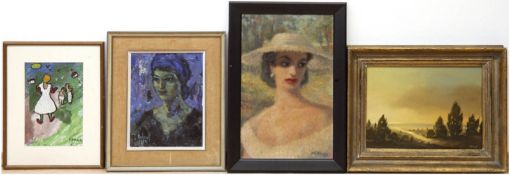 Konvolut von 4 div. Bildern, teilweise hinter Glas im Rahmen, u.a. "Frauenporträt", "Im Park