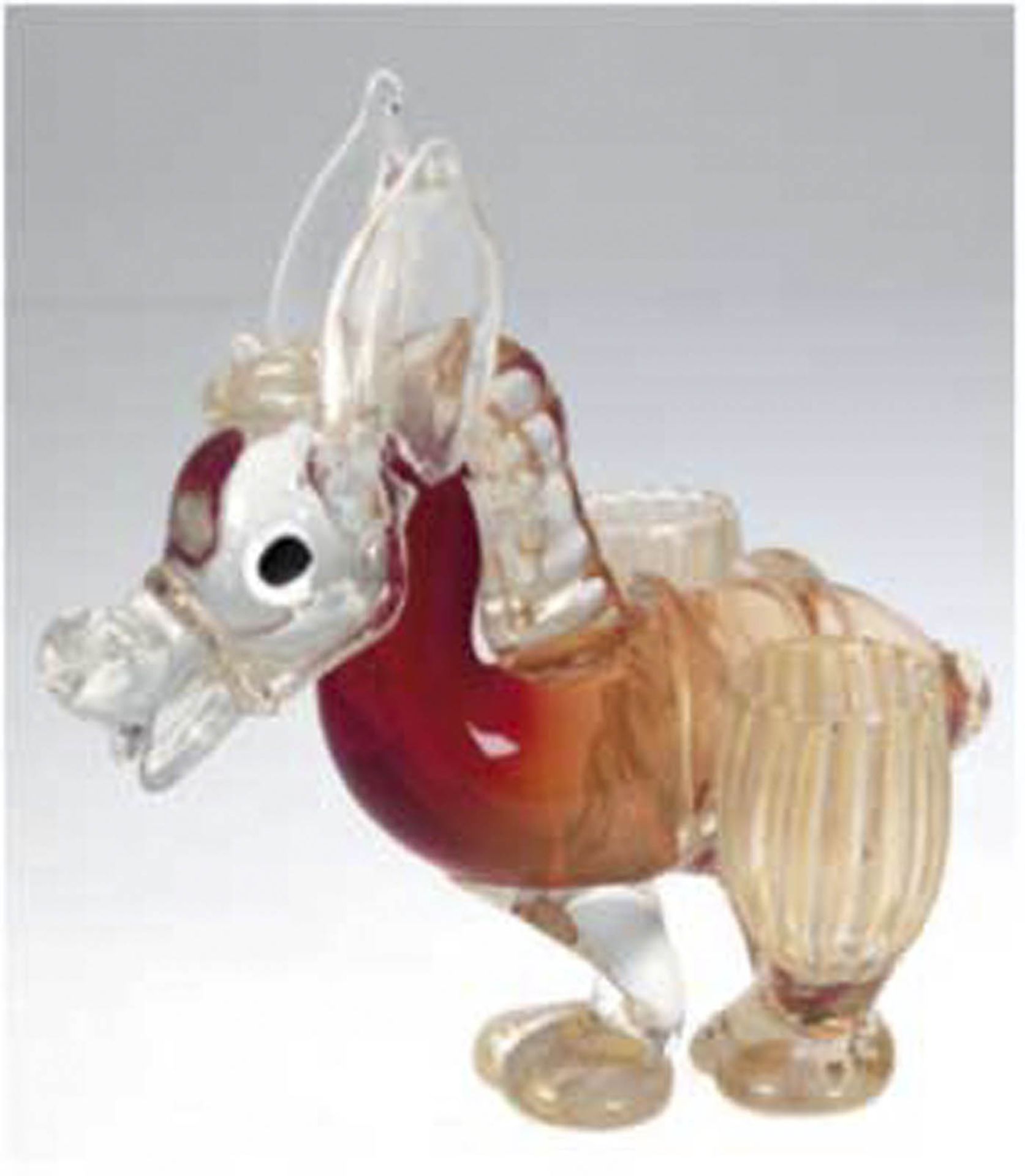 Murano-Figur "Esel mit zwei Tragekörben", farblos mit roten, orangen und goldenen Pulvereins