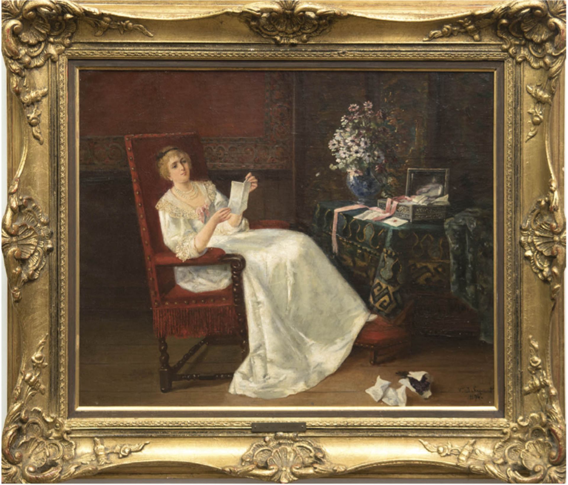 Senezcourt, V. de "Interieur mit lesender Frau, die in ihren Erinnerungen schwebt", Öl/Lw.,