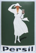 Reklameschild "Die weiße Dame mit Persil", Blech, polychrom emailliert, rückseitig Zertifik