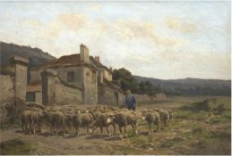 Quinton, Clement Charles Henry (1851 Paris-?) "Schäfer mit seiner Herde vor Bauernhaus", Öl