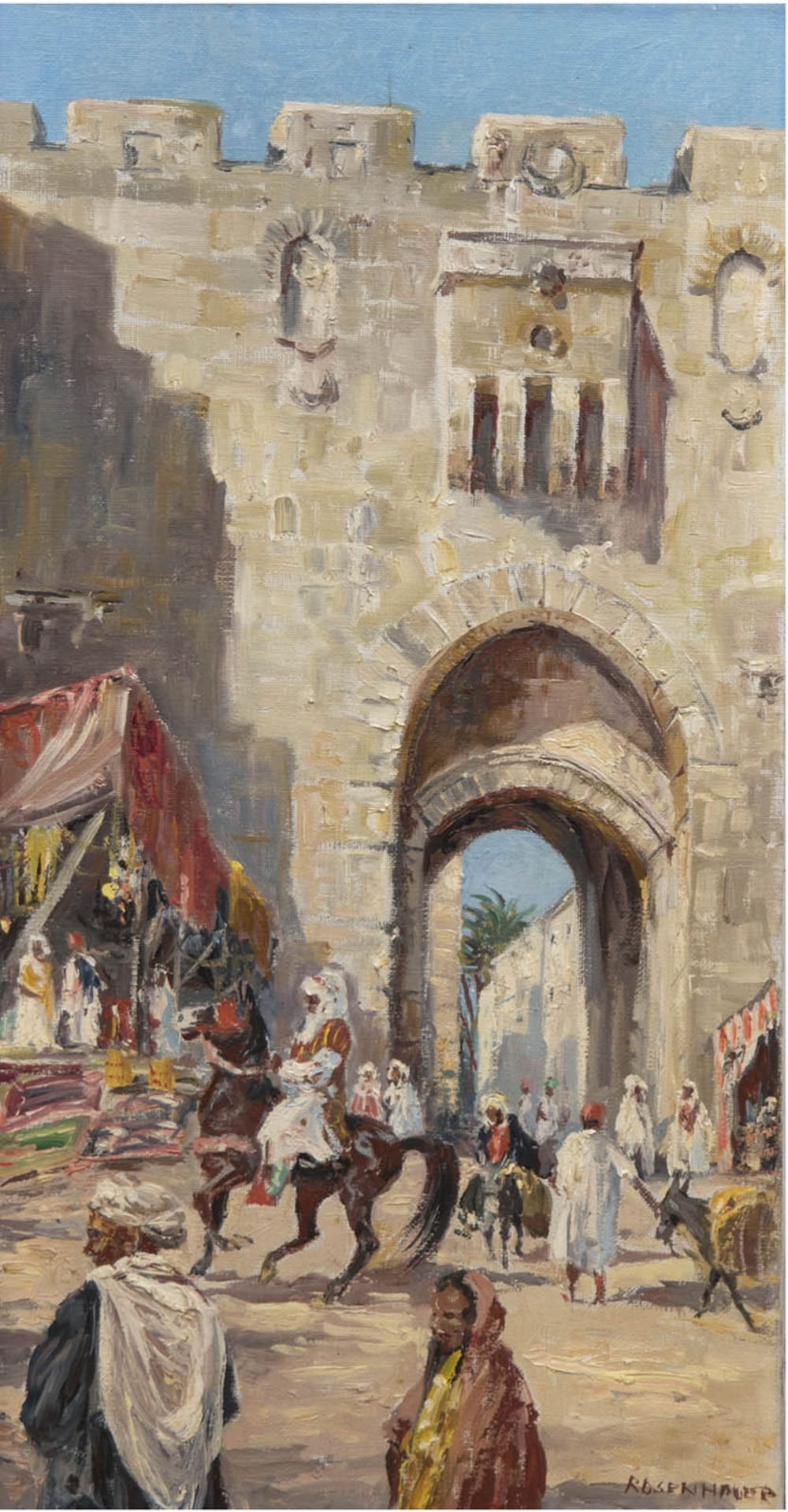 Rosenhauer "Markt in Jerusalem", Öl/Lw., sign. u.r., kleiner Riß in der Leinwand, 50x25 cm