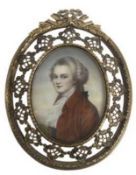 Miniatur "Mozart", Malerei auf Bein nach La Zour., 8,5x6,5 cm, im ovalem, filigran gearbeitet