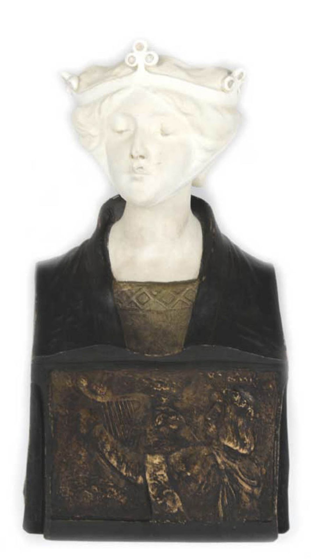 Pecheur für Goldscheider "Büste einer jungen Königin", auf Sockel Relief eines Harfespiele