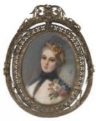 Miniatur "Porträt einer jungen Dame mit Blumenbukett" Malerei auf Bein, sign. Seguin, 8,5x6,