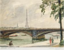 Moeller-Schlünz, Fritz (1900 Schwaan-1990 Lübeck) "Seine Brücke, Paris", Aquarell, auf Pas