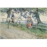 Spinetti, Mario (1842-1909) "Landschaft mit Reiter beim Plausch am Koppelzaun", Aquarell/Papi