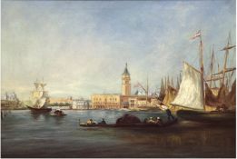 Maler des 19./20. Jh. "Segelschiffe und Gondoliere vor Venedig", Öl/Lw., unsigniert, 42x58 c