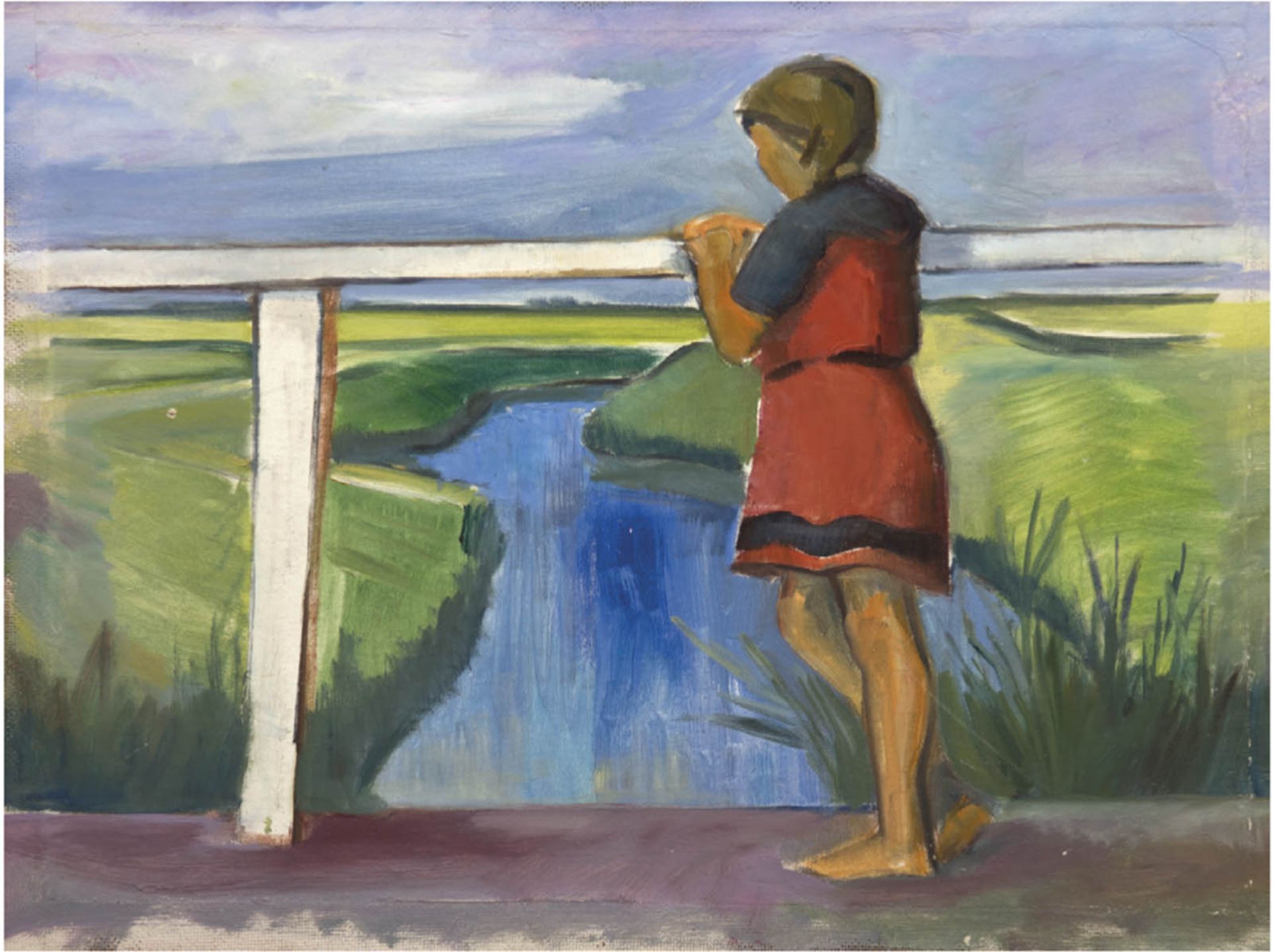 Palinkas, Heiner (1913 Lehe-2004 Berlin) "Mädchen auf der Brücke", Öl/Hartfaser, unsign.,