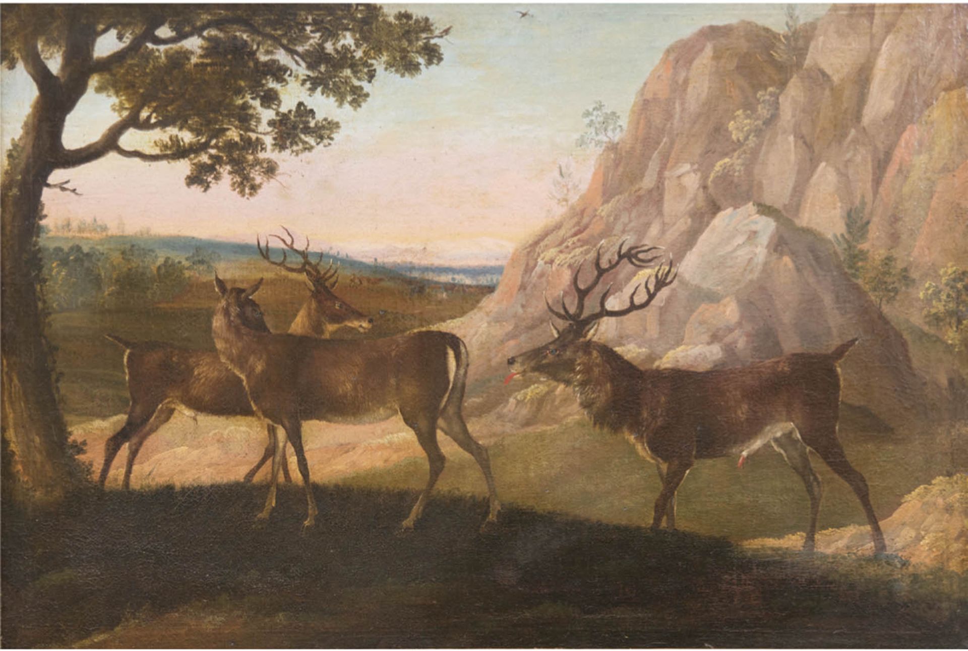 Tiermaler 18. Jh. (Umkreis Ruthardt) "Hirschgruppe in felsiger Landschaft", Öl/Lw., unsign.,