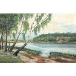 Landschaftsmaler des 20. Jh. "Birken am Fluß", Öl/Lw., unsign., 65x95 cm, Rahmen
