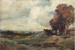 "Weite Landschaft mit Pferdegespann unterm Baum", um 1900, Öl/Mp., unsign., 21x31 cm, Rahmen