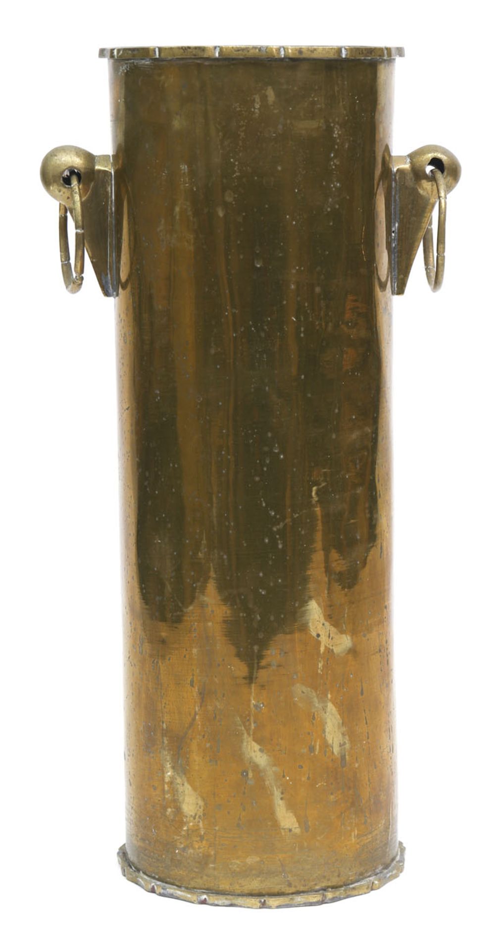 Schirmständer, Messing, zylindrische Form mit beidseitigen Handhaben mit Ringgriffen, H. 51