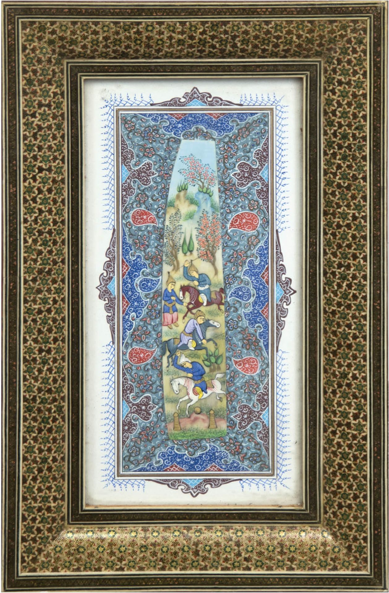 "Reiterszenen in Landschaft auf orientalischem, floralem Grund", Tuschezeichnung, 28x13,5 cm,