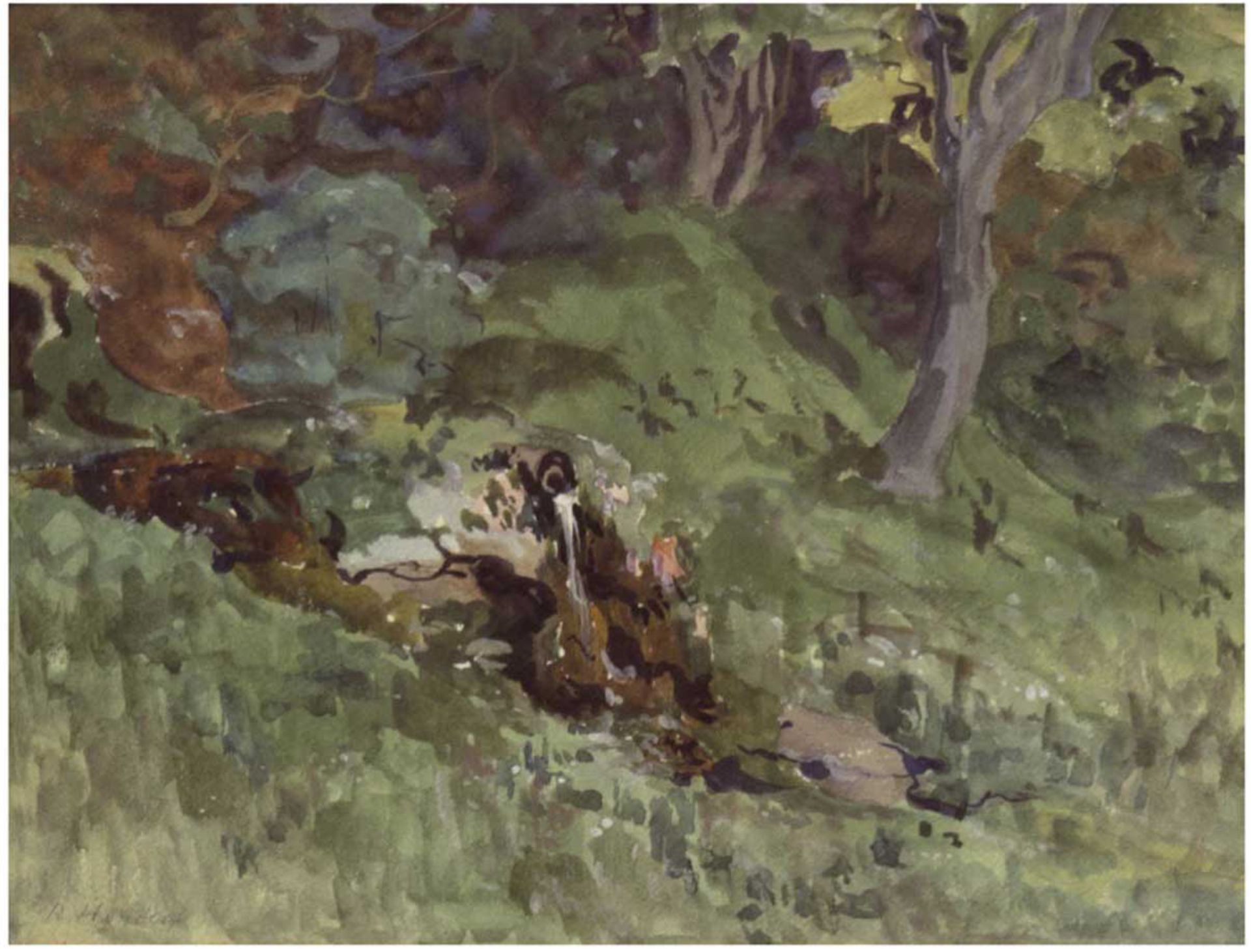 Hendorf, Richard (1861-1939) "Wald-Idyll", Aquarell, sign. u.l., unter Glas, Passepartout,23x30