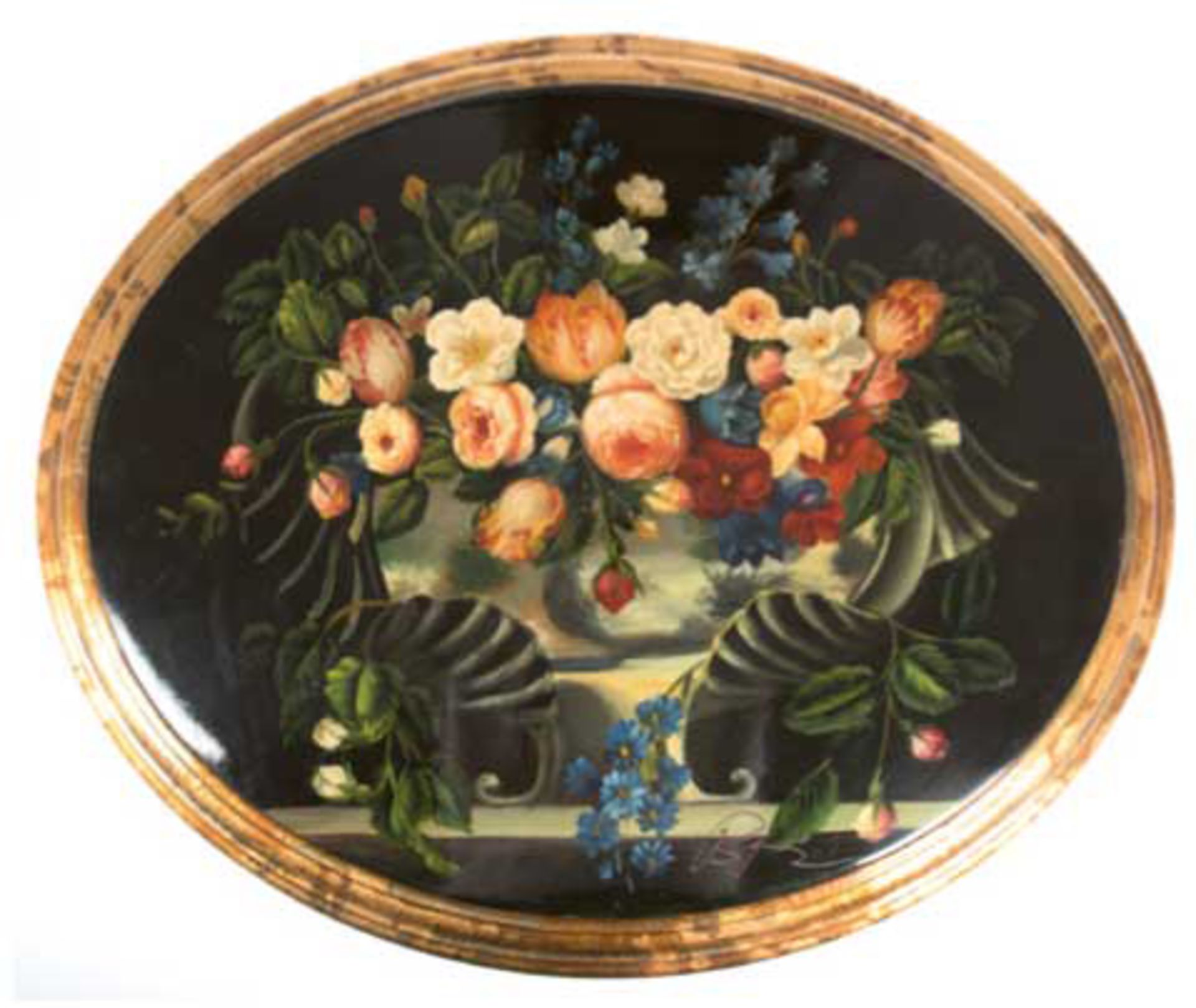 "Blumenstilleben", Lackmalerei auf ovaler, gewölbter Platte, undeutl. sign. u.r., 47x56,5cm