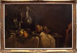 Jacob, Jul. (19. Jh.) "Tischstilleben mit Obst, Pudding und Zinngeschirr", Öl/Lw.,signiert u.r., 1