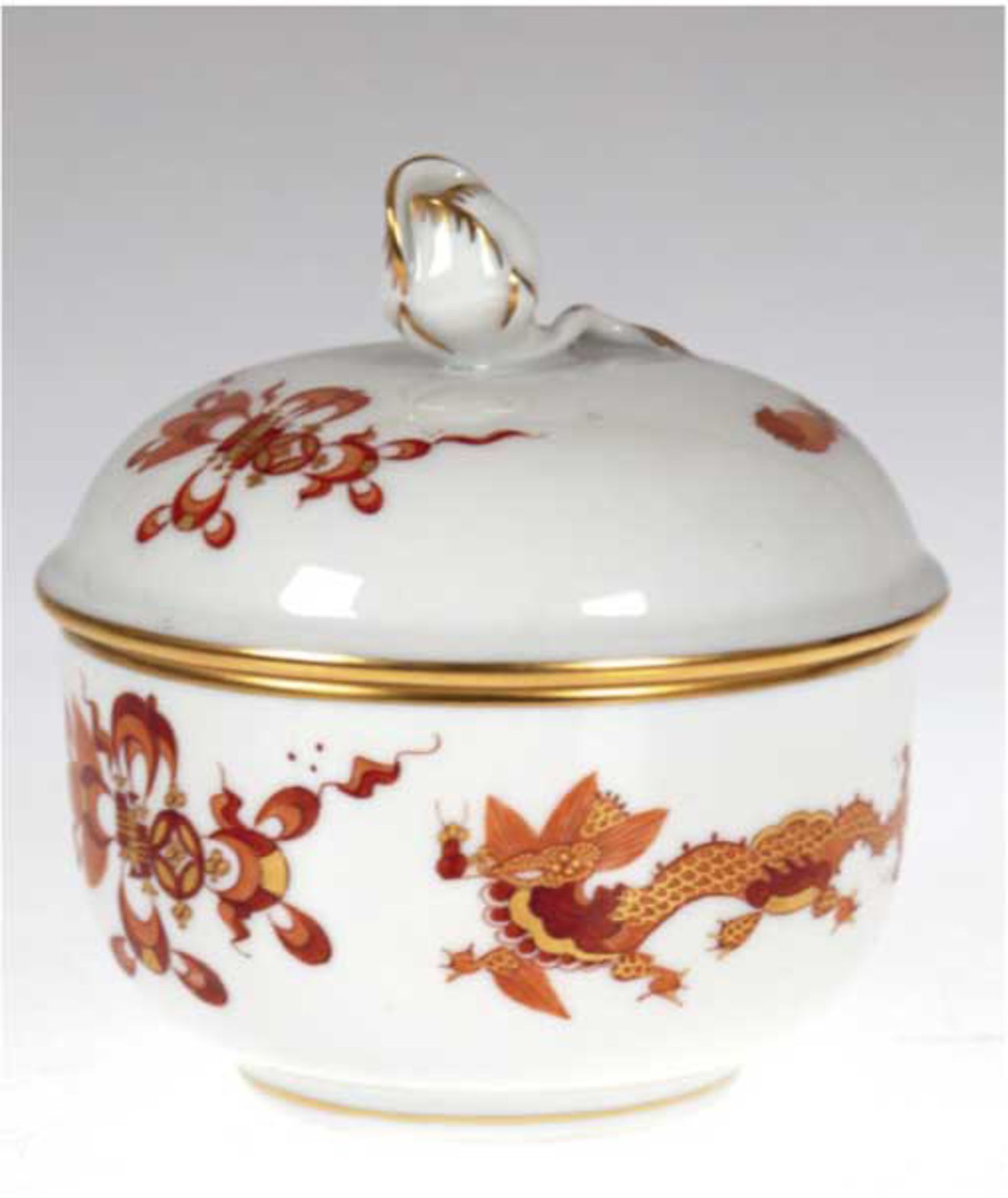 Meissen-Zuckerdose, 1. Wahl, Reicher Drache, rot und goldschattiert, mit Goldrand, H. 9,5cm