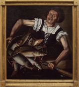 Maler des 17./18. Jh. "Fischersfrau mit ihrem Fang", Öl/Lw., doubliert, unsign., 114x96cm, Rahmen