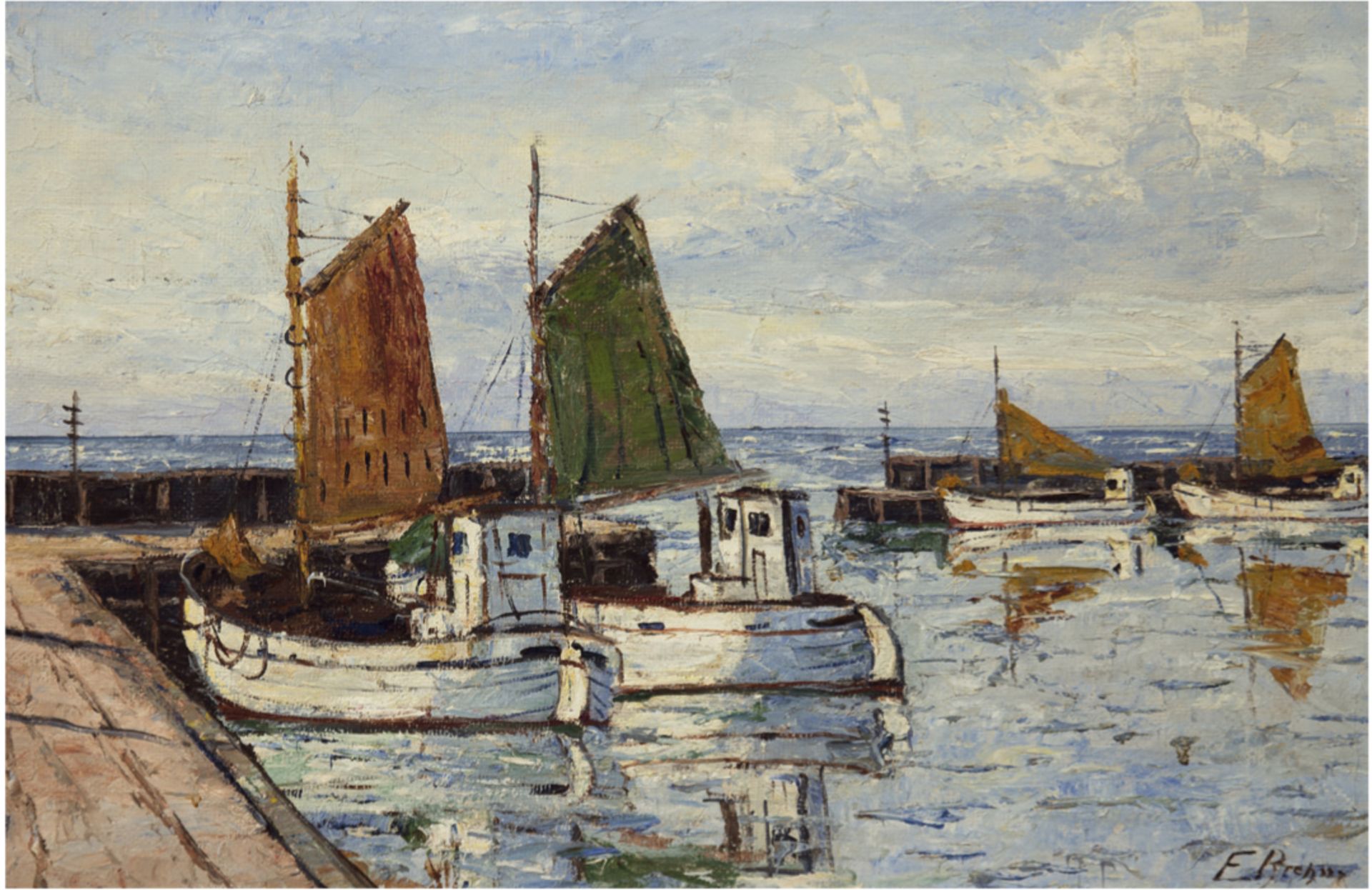 Brehm, Emil (Maler des 20. Jh.) "Fischerboote im Hafen", Öl/Lw., sign. u.r., 50x70 cm,Rahmen
