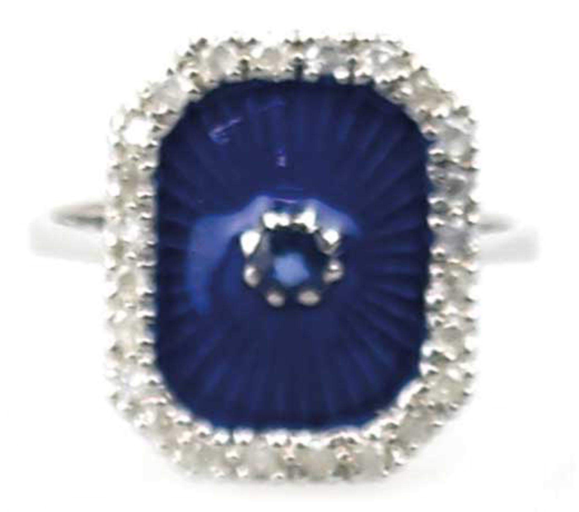 Ring im Art-Deco-Stil, Ringplatte mit blauer Email und facettiertem Saphir 0,12 ct.,Diamanten 0,24