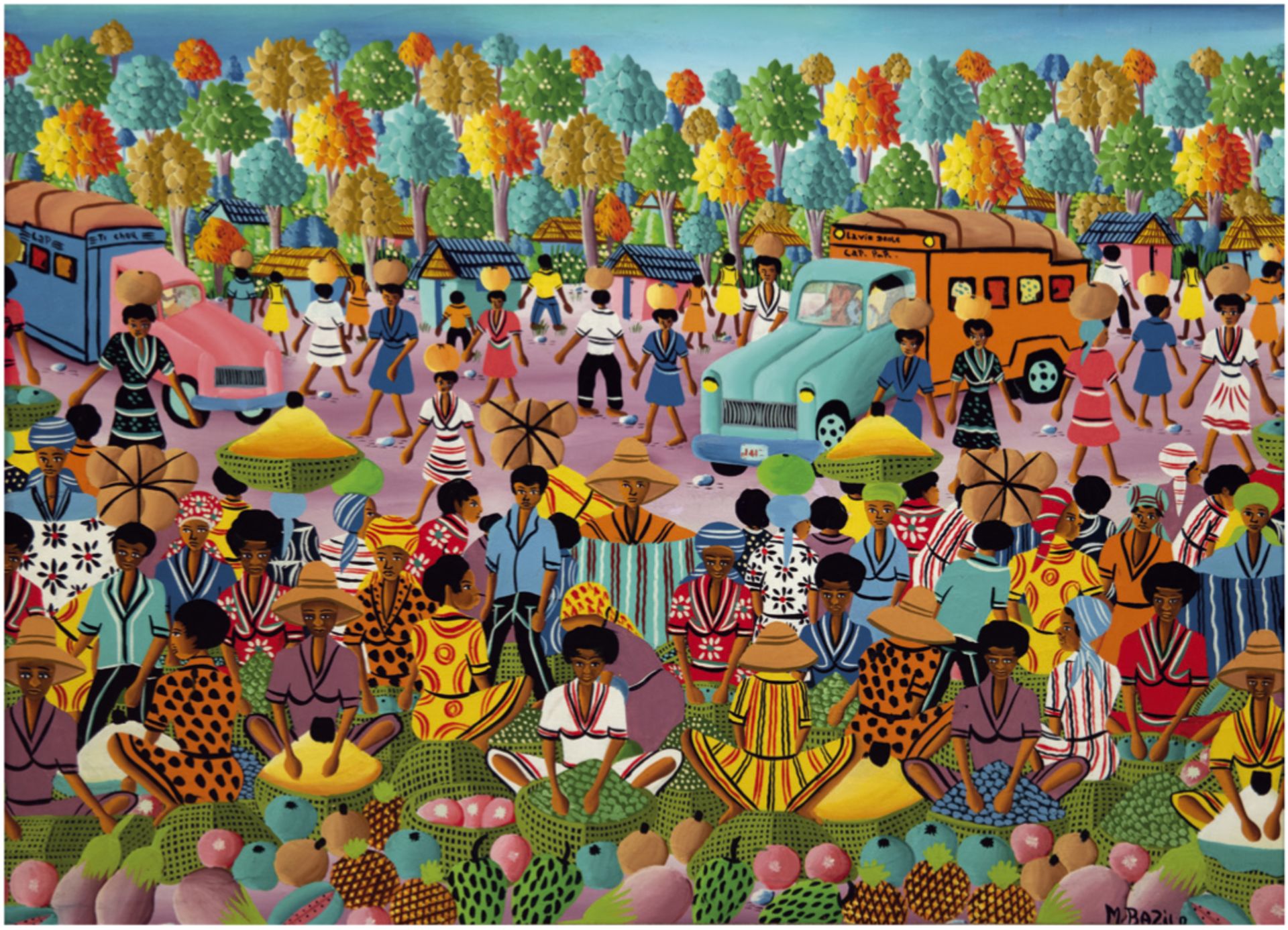 Bazile, M. (Haitianischer Maler) "Figurenreiche Straßenszene" , Öl/Lw., sign. u.r., versoAufkleber