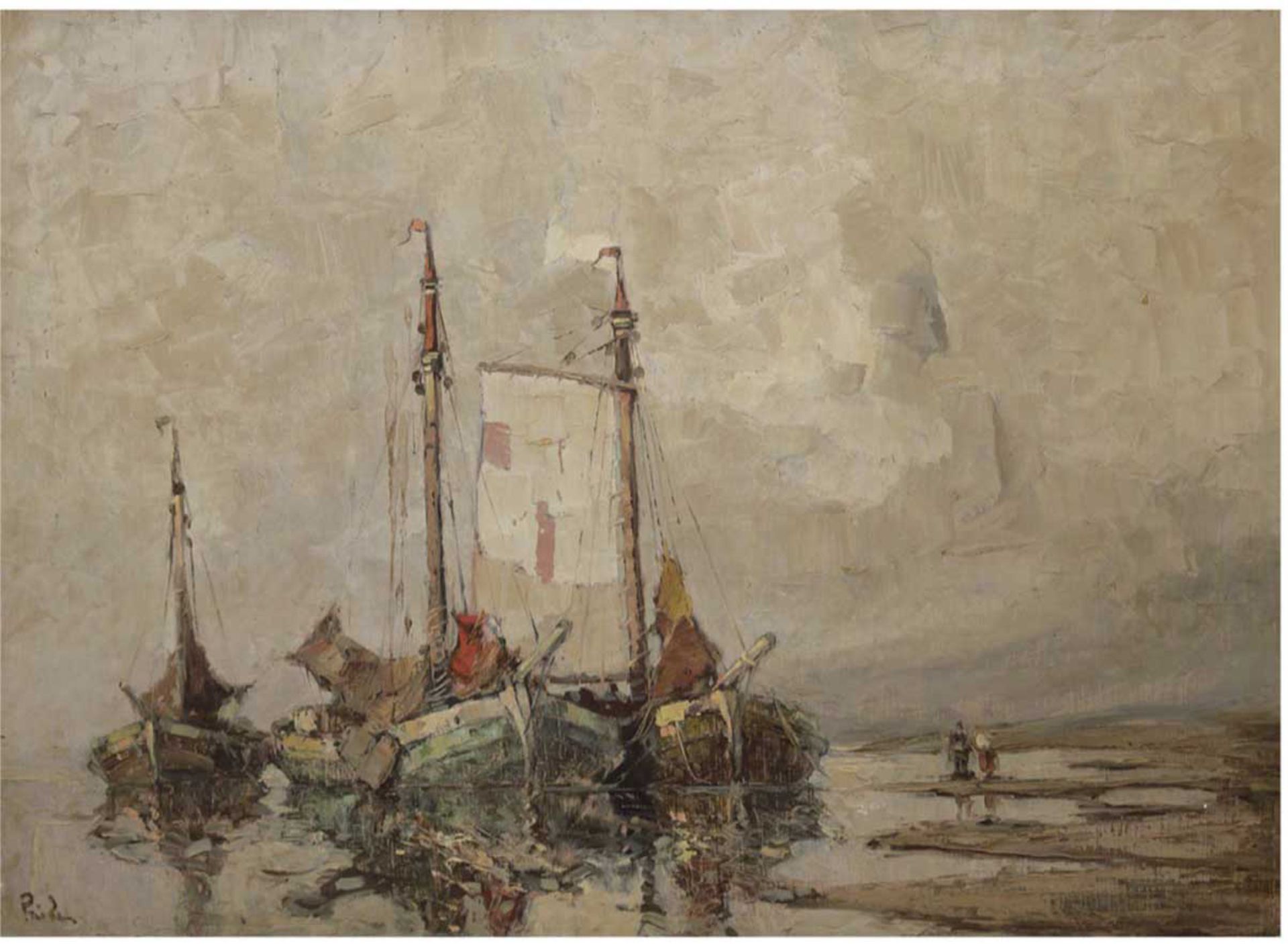 Priebe, Rudolf (1889-1964) "Fischkutter am Ufer", Öl/Hf., sign. u.l., mittig Farbverlauf,61x80 cm,