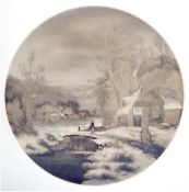 Wandteller, Delft, grau/blaue Malerei nach einem Motiv von Leickert "Winterlandschaft",Dm. 35 cm