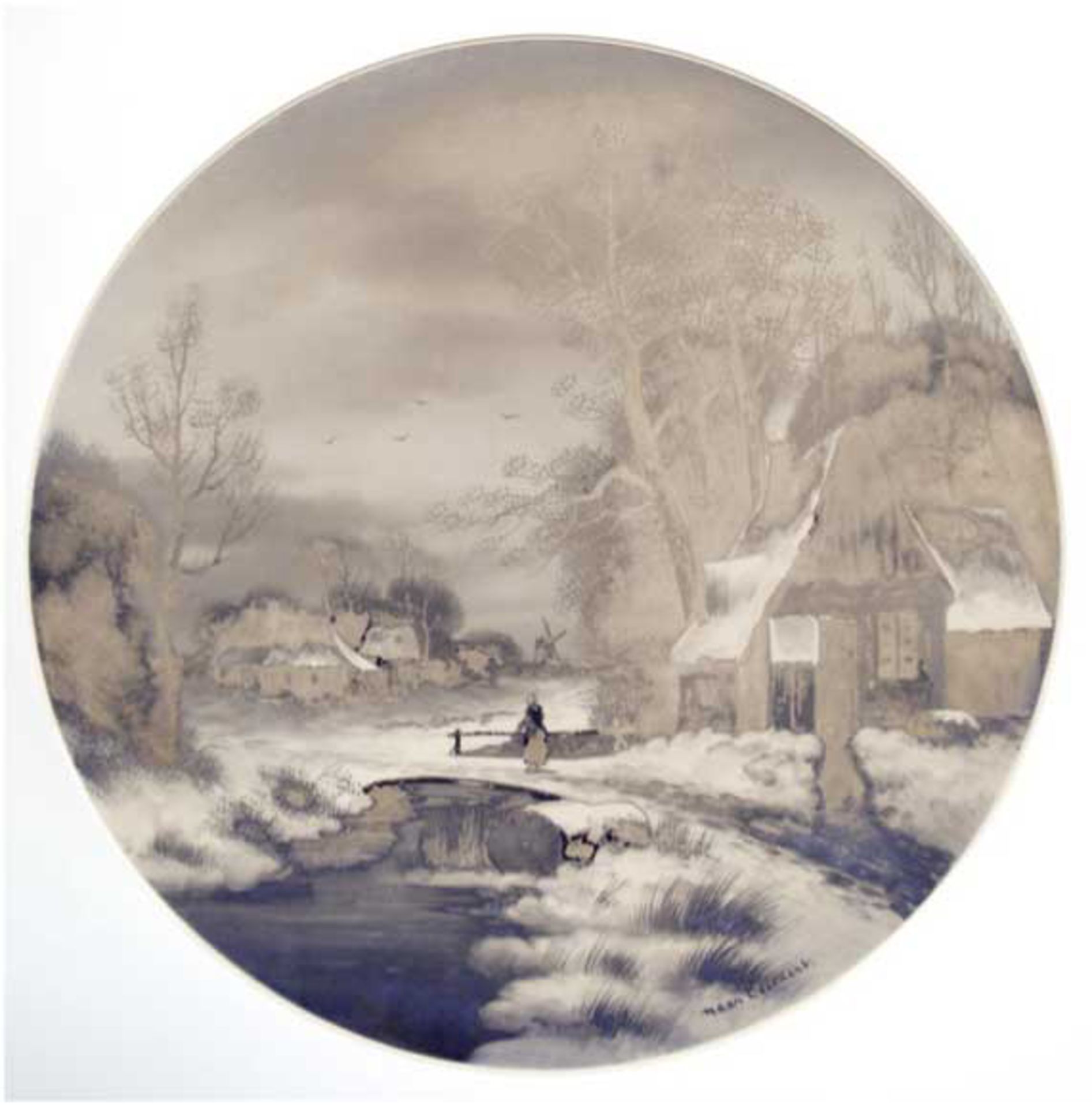 Wandteller, Delft, grau/blaue Malerei nach einem Motiv von Leickert "Winterlandschaft",Dm. 35 cm