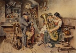 Kauffmann, Hugo (1844 Hamburg-1915 Prien/Chiemsee) "Junge Musikerin an der Tuba",Aquarell, sign. und